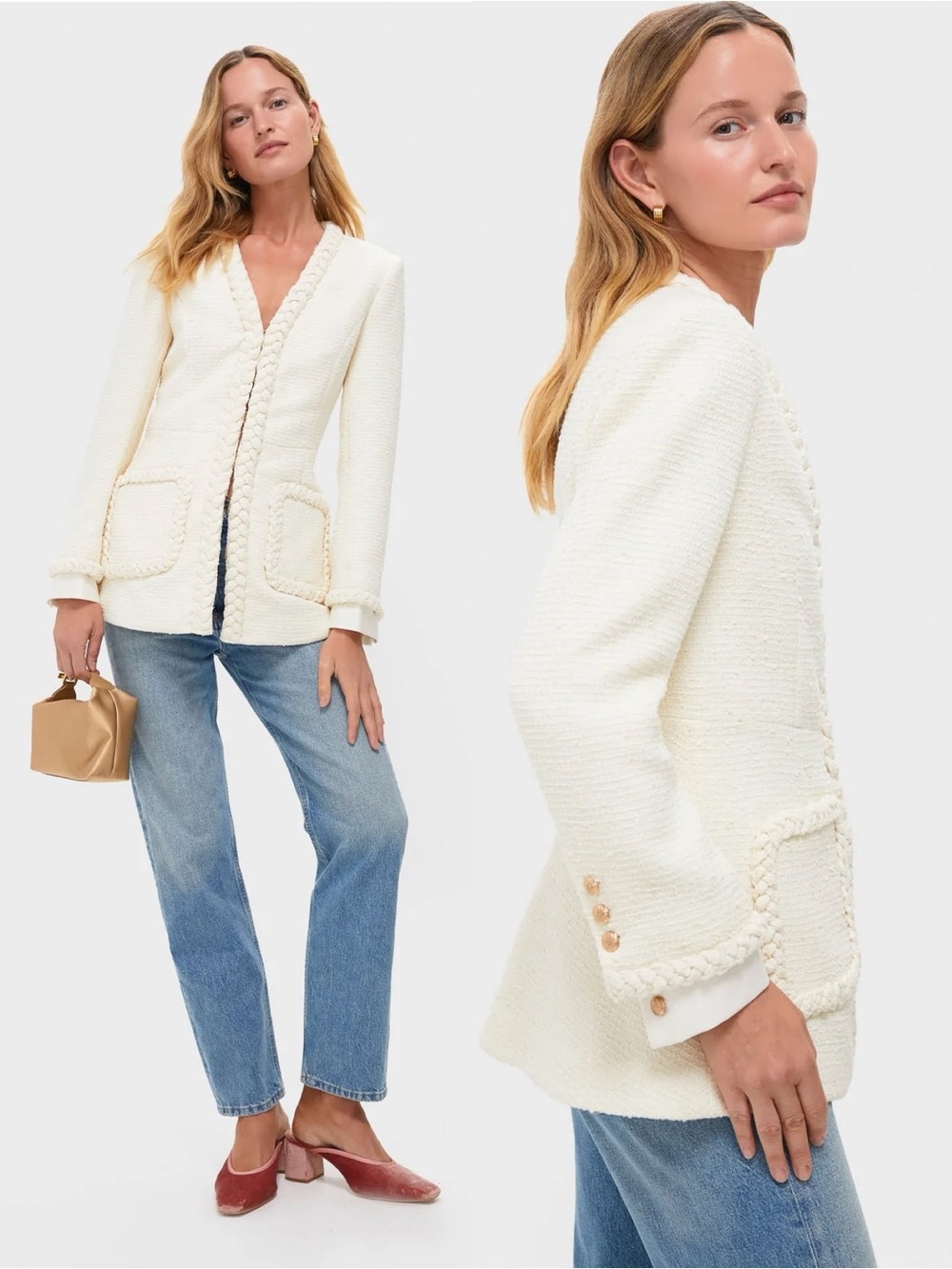 Tuckernuck Cream Braided Trim Shay Tweed Jacket Gold Button Size S NWT